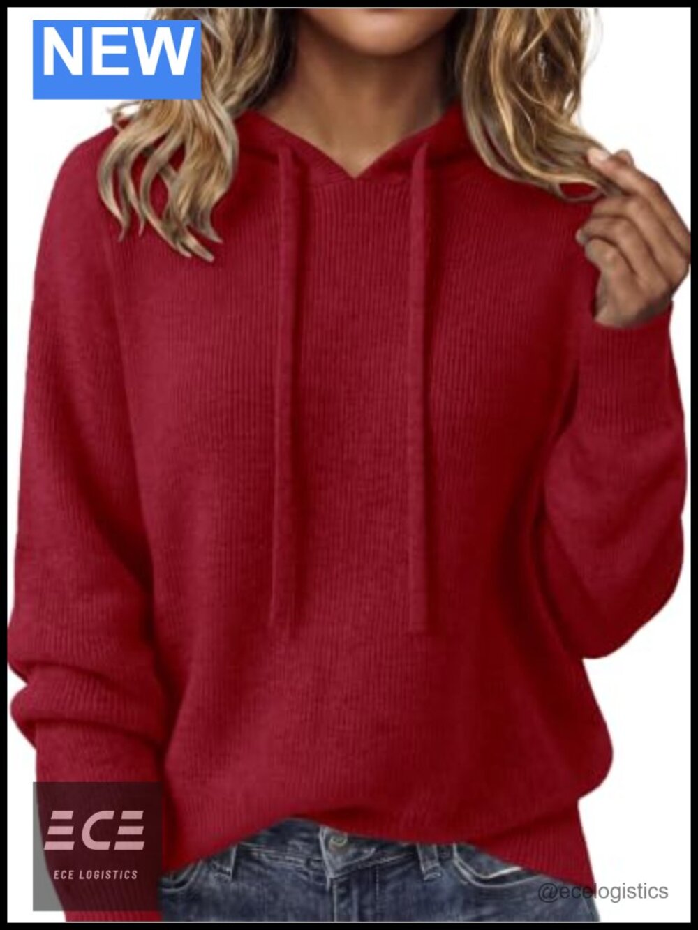 Womens Hooded Pullover Sweater Drawstring Drop Shoulder Relaxed Knit